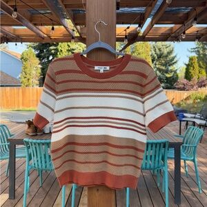 Uniqlo - Striped Short Sleeve Sweater - Brown and White